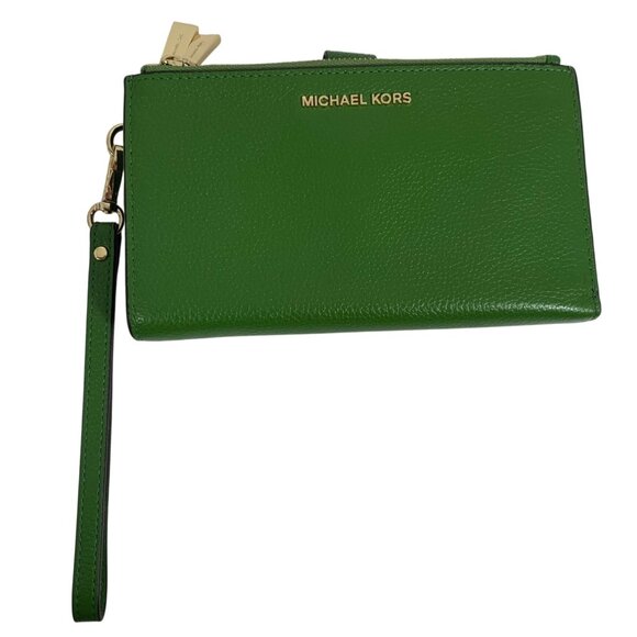 MICHAEL KORS Adele Double-Zip Green Leather Smart Phone Case Wallet Wristlet - Picture 2 of 13
